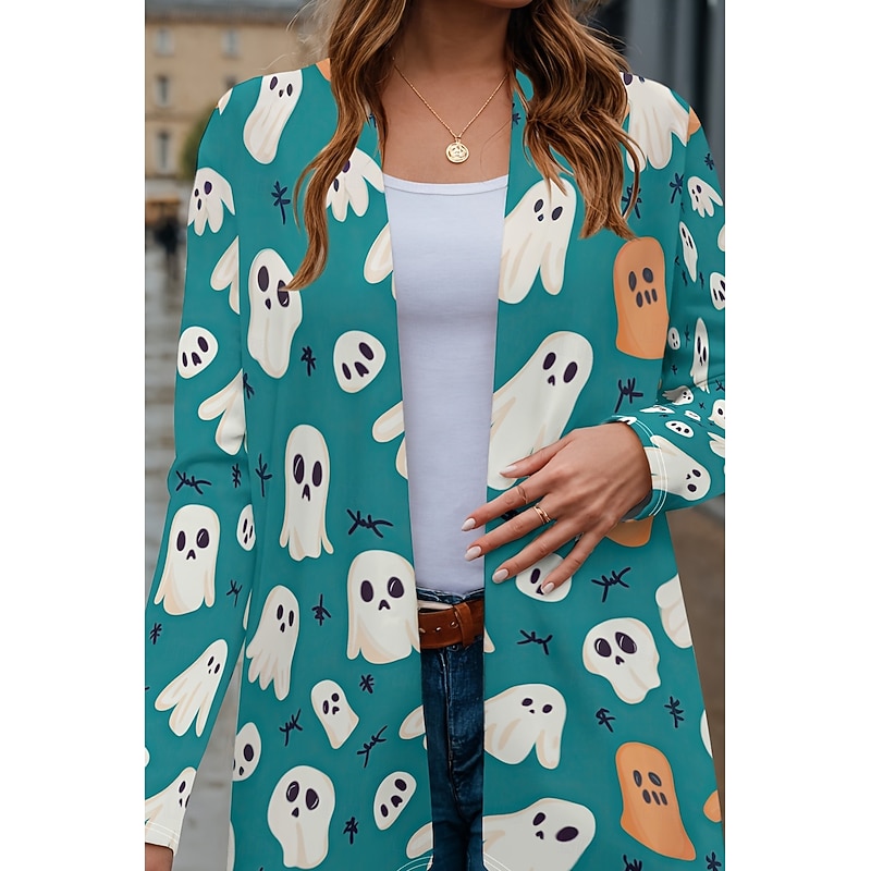 Halloween Women's Coat Lightweight Comfortable Pumpkin Print Open Front Vintage Artistic Casual Skull Casual Regular Collarless Regular Fit Long Sleeve Outerwear Black Blue Orange Spring Fall4