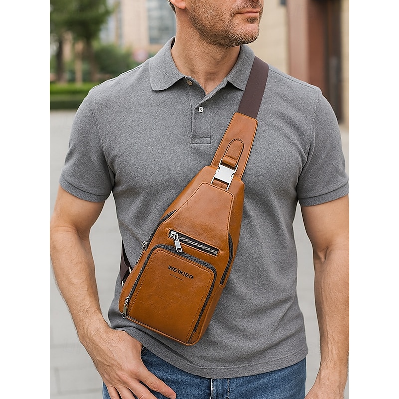 Men's Faux Leather Crossbody Sling Bag – Water-Repellent Scratch-Resistant Chest Shoulder Backpack for Casual Travel, Work and Outdoor Use3