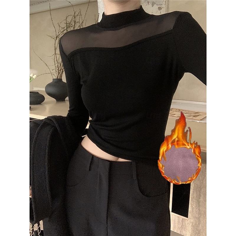 Women's Blouse Solid Color Stylish Casual Long Sleeve High Neck Regular Tops Daily Patchwork Mesh Black Spring Fall Winter4