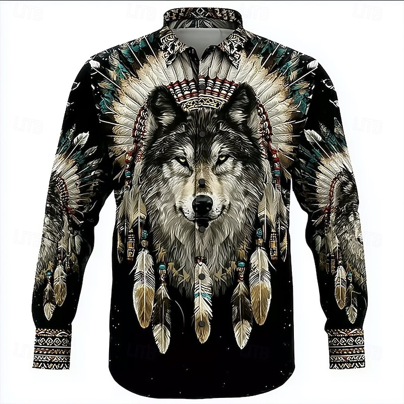 Men's Wolf Dream Catcher Ethnic Shirt Button Up Shirt Long Sleeve Vintage Retro Outdoor Camping & Hiking Hunting Spring Fall Turndown 3D Print Collared Shirts Black 1 Black Black 23