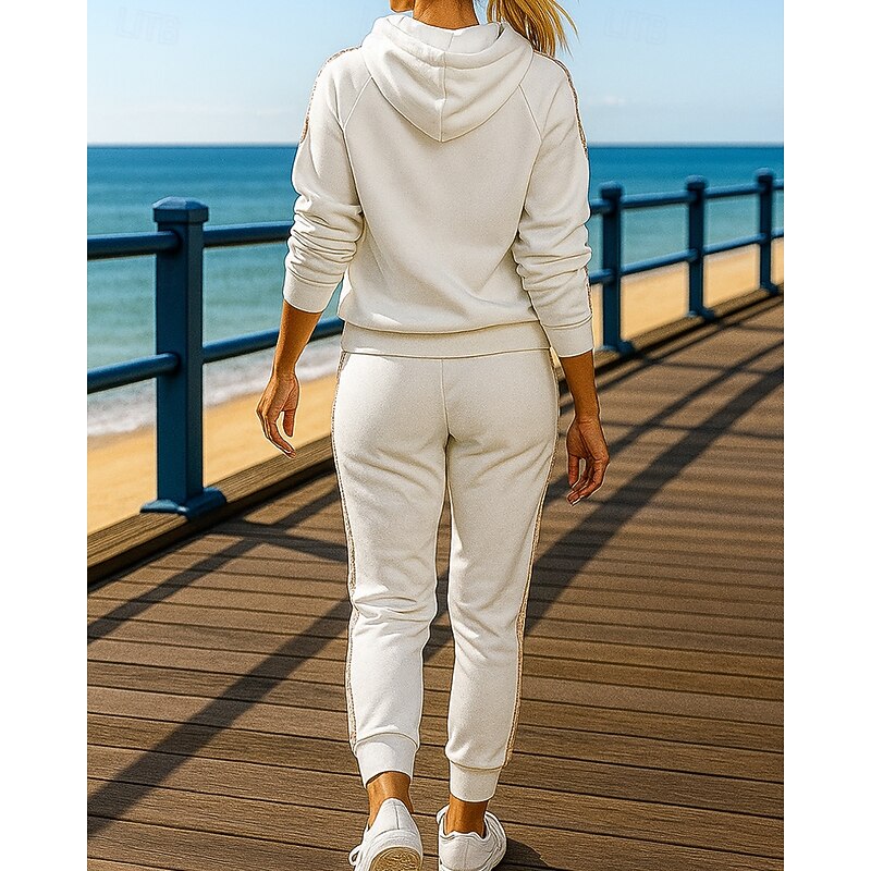 Women's 2 Piece Tracksuit Lounge Hoodie Sweatsuit Sets Pocket Solid Colored Clothing Suit Fall Black White Outdoor Travel Sports Moisture Wicking Long Sleeve Sport Activewear Micro-elastic Regular Fit2