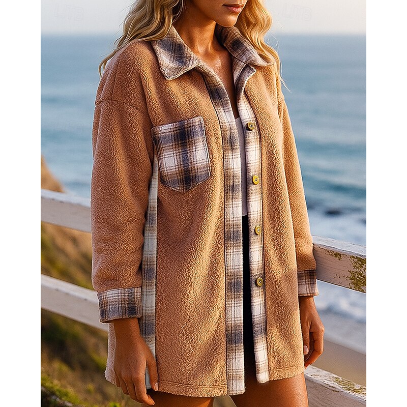 Women's Winter Coat Polar Fleece Jacket Buttons Long Sleeve Top Athleisure Plaid Checkered Windproof Warm Outdoor Travel Sports Sportswear Activewear Black White Red3