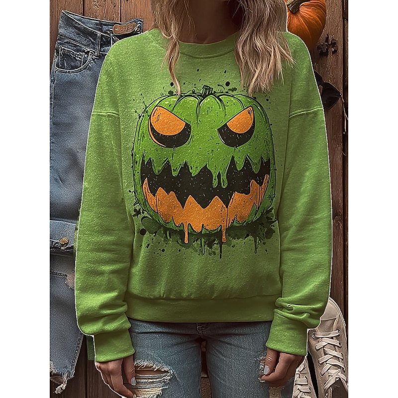 Women's Pullover Graphic Pumpkin Casual Long Sleeve Crew Neck Regular Tops Street Dailywear Casual Print Green Fall Winter