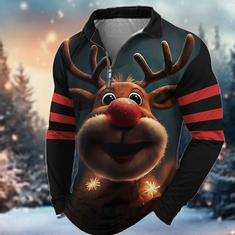 Christmas Men's Reindeer Polo Long Sleeve Turndown Modern Leisure Sports & Outdoor Outdoor clothing Festival Zipper 3D Print Spring Fall Winter Black Green Red