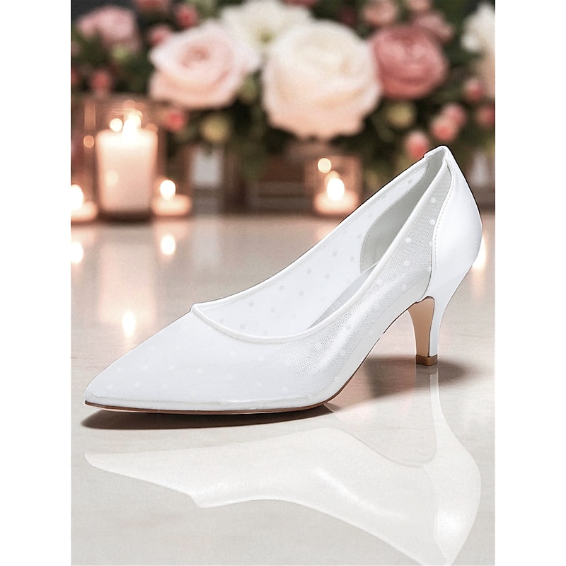 Women's White Wedding Shoes with Polka Dot Mesh and Low Heels - Elegant Bridal Pumps for Bride, Ceremony and Formal Occasions2