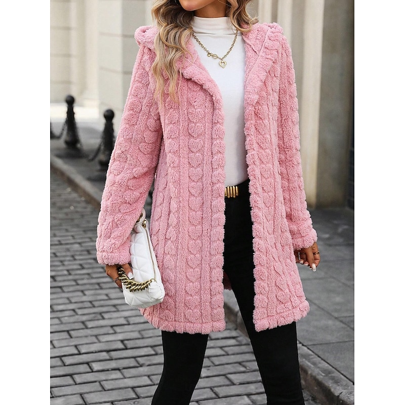 Women's Sherpa Jacket Comfortable Breathable Jacquard Elegant Casual Plain Vacation Street Casual Daily Wear Open Front Long Hooded Regular Fit Long Sleeve Outerwear Pink Spring Fall4