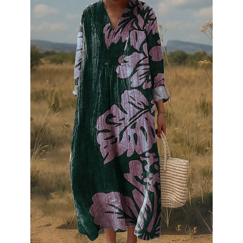 Women's Maxi Dress A Line Dress Fit And Flare Dress Party Casual Boho Party Daily Going out Loose Fit Graphic Geometric Tropical Long Sleeve V Neck Black Red Blue Green Spring Fall Winter Autumn3