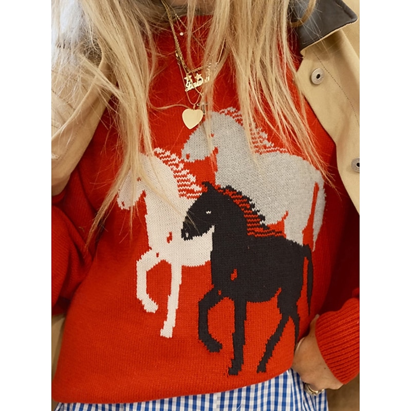 Women's Sweater Casual Soft Animal Ribbed Crew Neck Knitted Long Sleeve Regular Tops Knit Outdoor Daily Weekend Red Fall Winter4