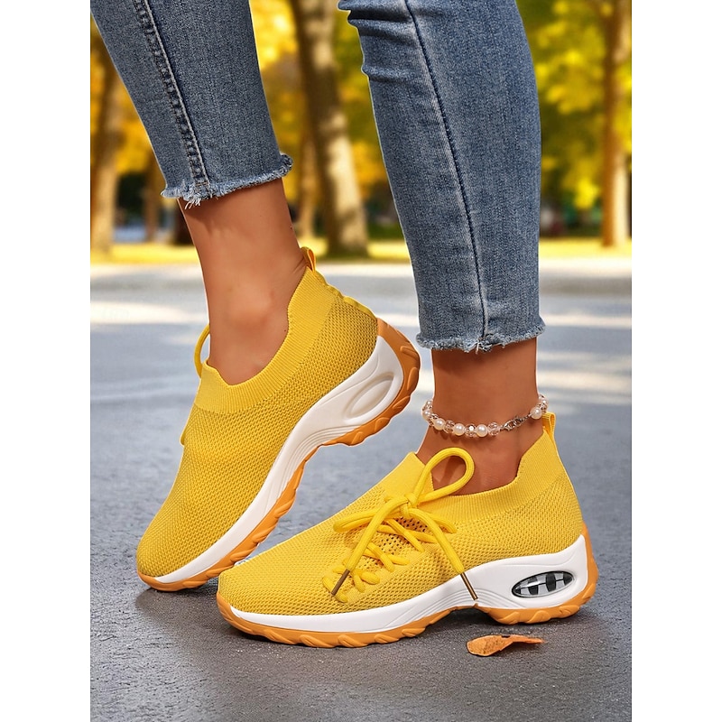 Women's Yellow Flyknit Sneakers – Lightweight Breathable Slip-On Running Shoes with Cushion Sole for Walking, Gym and Casual Wear