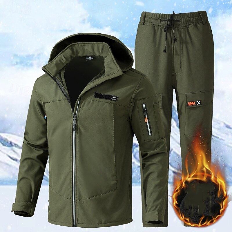 Men's Hiking Jacket Fleece Jacket Puffer Jacket Thermal Set Winter Outdoor Camo Thermal Warm Waterproof Windproof Top Black Green Grey2