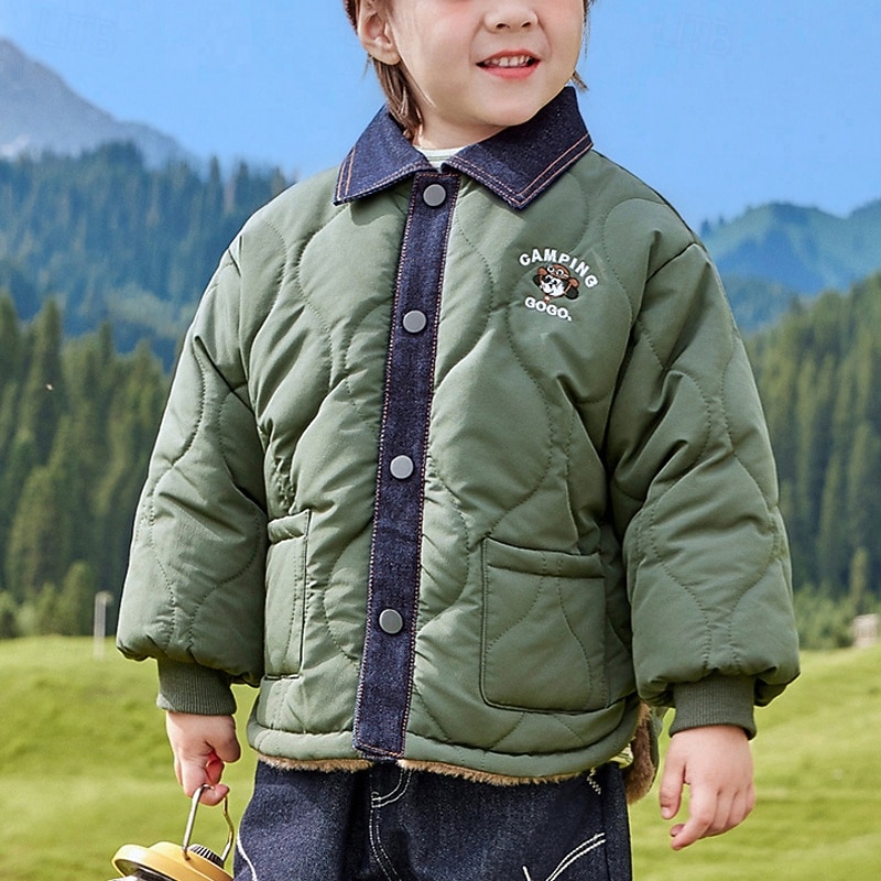 Kids Unisex Down Jacket Puffer Jacket Outerwear Letter Long Sleeve Pocket Comfort Buttons Keep Warm Soft Coat Outdoor Daily Basic Army Green Fall Winter 4 years+4