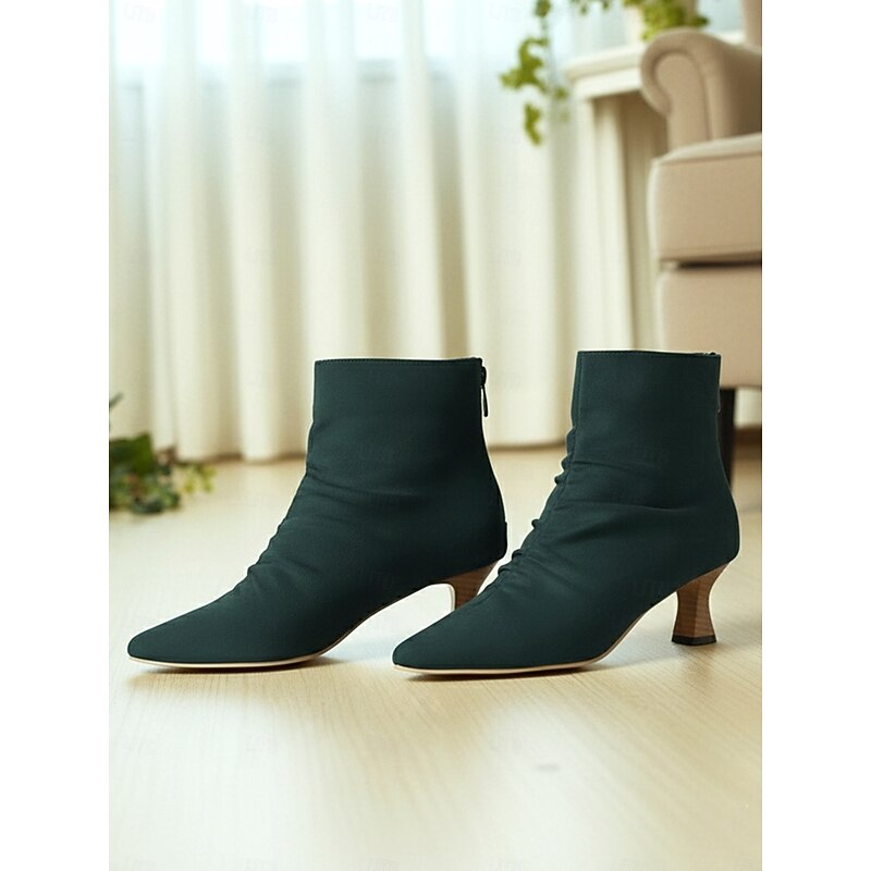 Women's Green Faux Leather Pointed Toe Ankle Boots with Ruched Design and Kitten Heels – Elegant Vintage Style Booties for Fall Office Outfits and Evening Wear