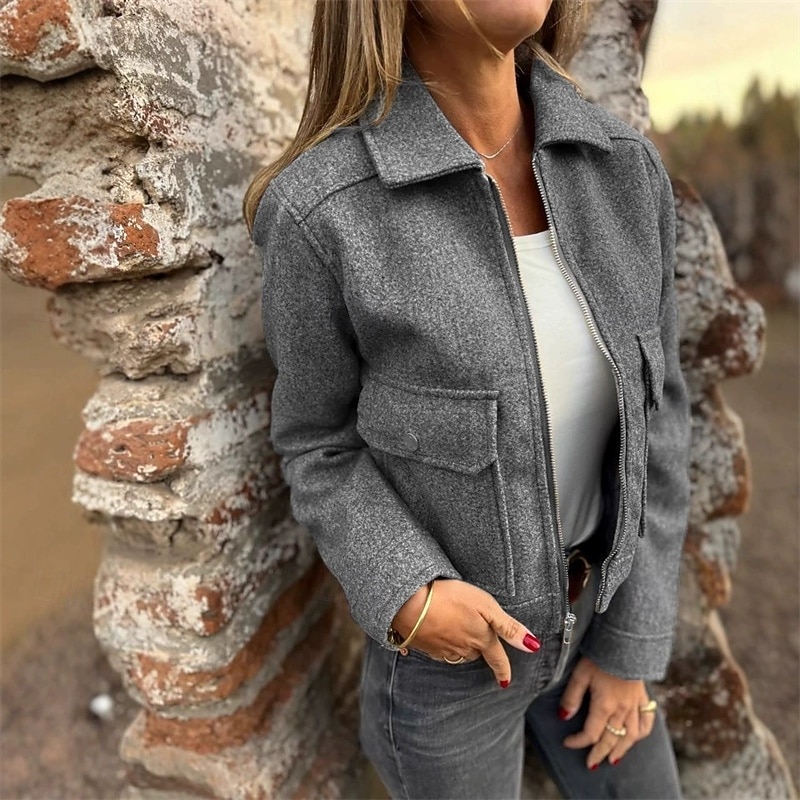 Women's Casual Jacket Warm Comfortable Pocket Fashion Outdoor Plain Going out Weekend Zipper Regular Lapel Regular Fit Long Sleeve Outerwear Apricot Gray Fall Winter3