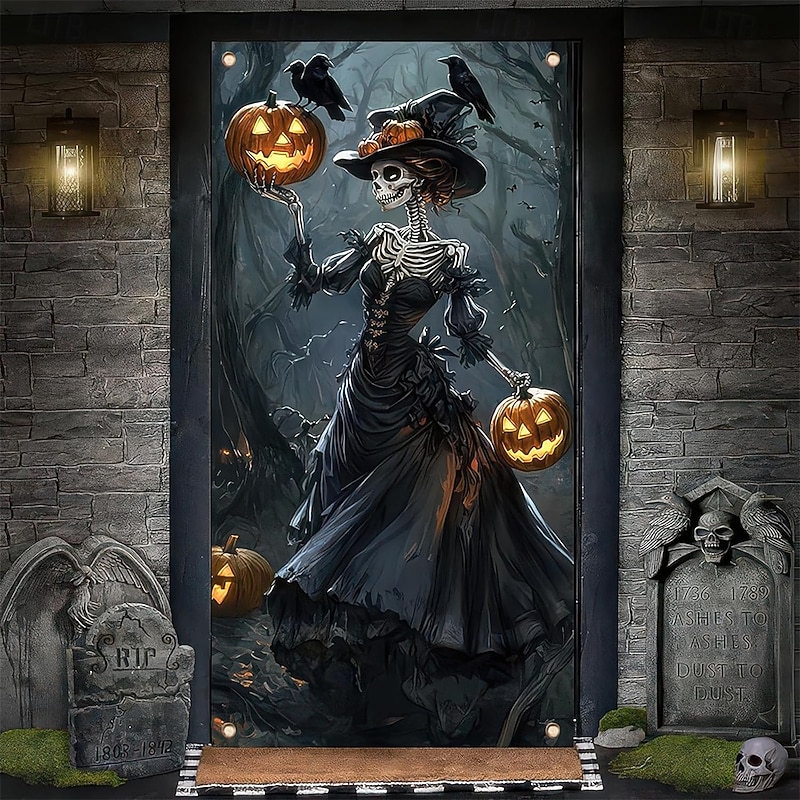 Halloween Door Cover Outdoor Banners Skeleton Witch Psychedelic Dark Punk Gothic Style Party Outdoor Shooting Backgrounds Front Door Wall Porch Home Decor2
