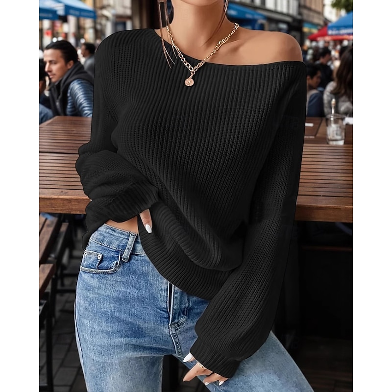 Women's Sweater Pullover Streetwear Casual Solid Color Off Shoulder Knitted Long Sleeve Regular Tops Knit Daily Holiday Going out Black White Fall Winter4