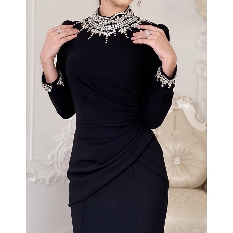 Black Crystal-embellished Couture Style Mermaid / Trumpet Sheath / Column Evening Gown Elegant Formal Dress Formal Wedding Floor Length Long Sleeve High Neck Stretch Crepe V Back with Pleats 20252