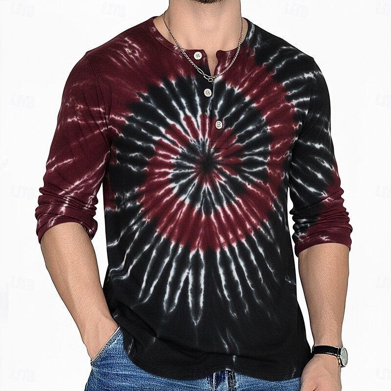 Men's Tie Dye Retro Vintage Henley Shirt Tee Long Sleeve Shirt Long Sleeve Fashion Streetwear Basic Vacation Casual Sports Spring &  Fall Lake blue Blue Purple Brown Red+Black Henley Henley T-Shirt