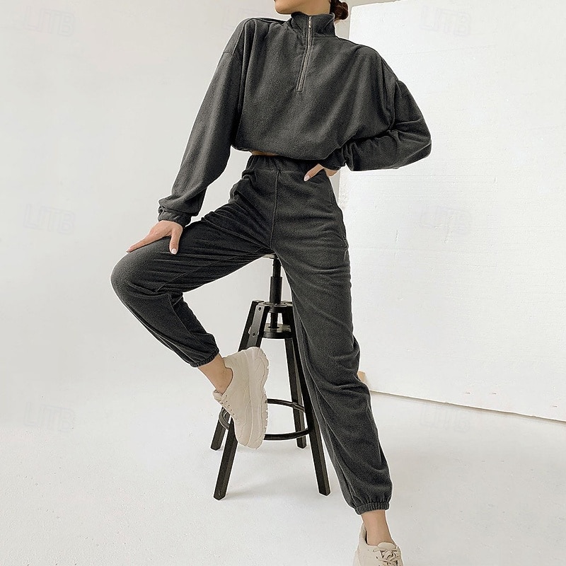 Women's Fashion Streetwear Pants Sets Bolero Top Sweatshirt Long Sleeve Stand Collar Solid Color Zipper Outdoor Work Casual Gray Spring Regular Fit2