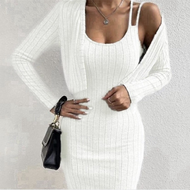 Women's Midi Dress Sweater Dress Casual Dress Dress Set Fashion Modern Daily Date Weekend Regular Fit Plain Long Sleeve Crew Neck Black White Light Grey Fall Winter2