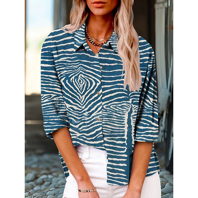 Women's Shirt Geometric Active Daily Stylish Long Sleeve Shirt Collar Regular Tops Daily Holiday Buttons Print Blue Summer Spring Fall