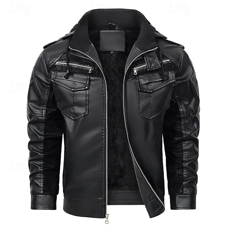 Men's Faux Leather Jacket Fleece Jacket Biker Jacket Motorcycle Jacket Vacation Daily Windproof Warm Pocket Winter Plain Fashion Classic Hooded Regular Black Jacket3