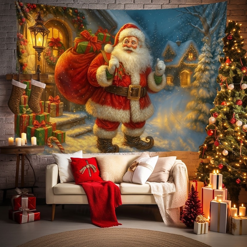 Christmas Wall Tapestry Backdrop, Santa Claus at North Pole with Christmas Tree and Gifts, 2025 Xmas Holiday Wall Hanging for Bedroom Living Room Party and Outdoor4