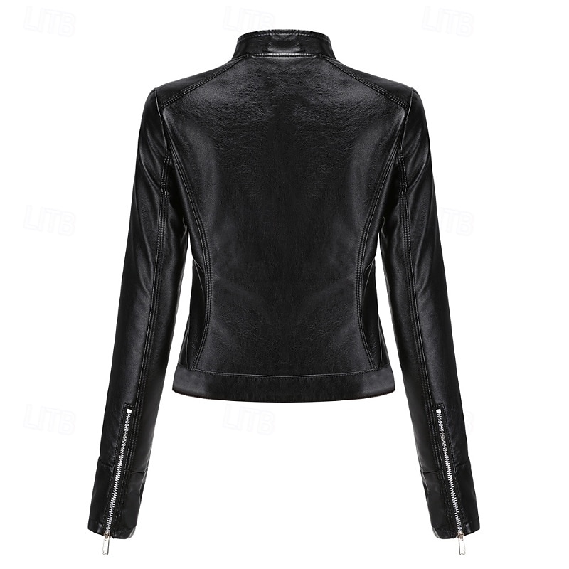 Women's Faux Leather Jacket Comfortable Zipper Pocket Casual Plain Street Daily Wear Going out Weekend Regular Stand Collar Regular Fit Long Sleeve Outerwear Black Pink Wine Spring Fall4