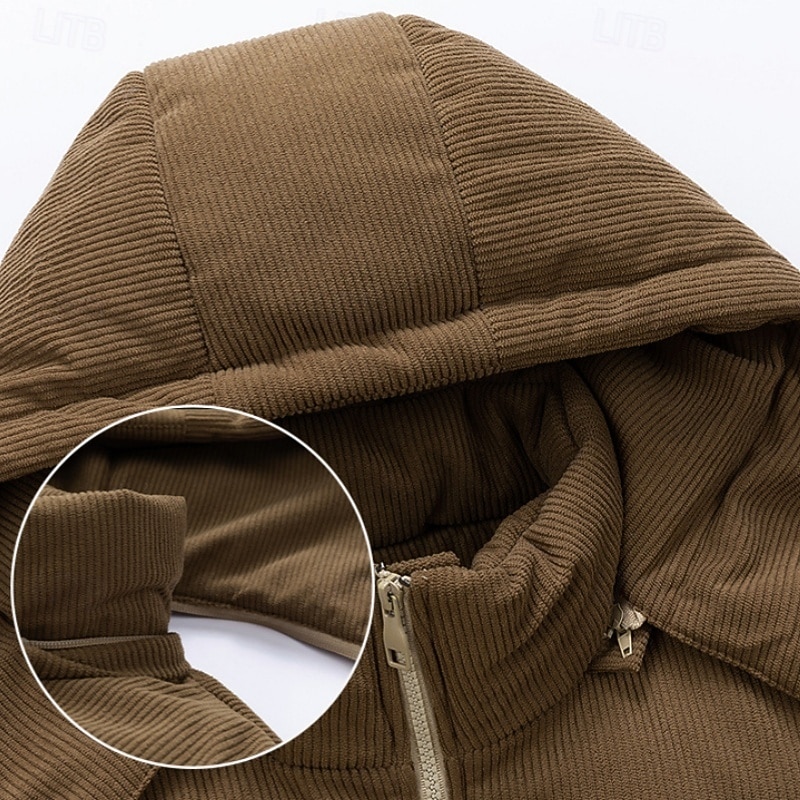 Men's Corduroy Puffer Jacket Padded Pocket Full Zip Hooded Christmas Outdoor Street Regular Neutral Fashion Daily Winter Solid Color Color Block Black Green Khaki Puffer Jacket3