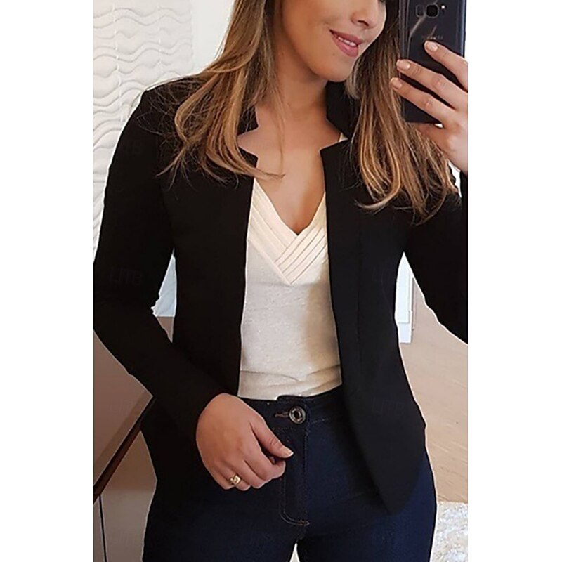 Women's Blazer Comfortable Breathable Slim Fit Casual Plain Office Street Casual Daily Wear Open Front Short Stand Collar Regular Fit Long Sleeve Outerwear Black White Yellow Spring Fall
