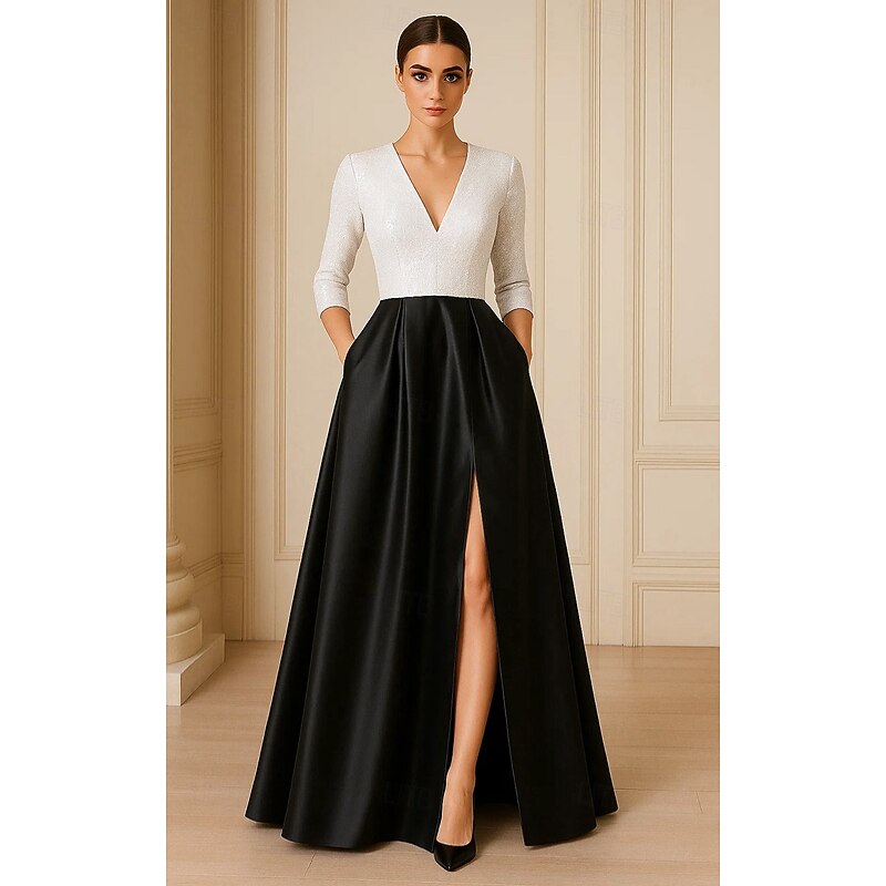 Black and White Sequined A-Line Evening Gown Elegant Formal Dress Formal Wedding Floor Length 3/4 Length Sleeve V Neck Pocket Satin with Pleats Slit 2025