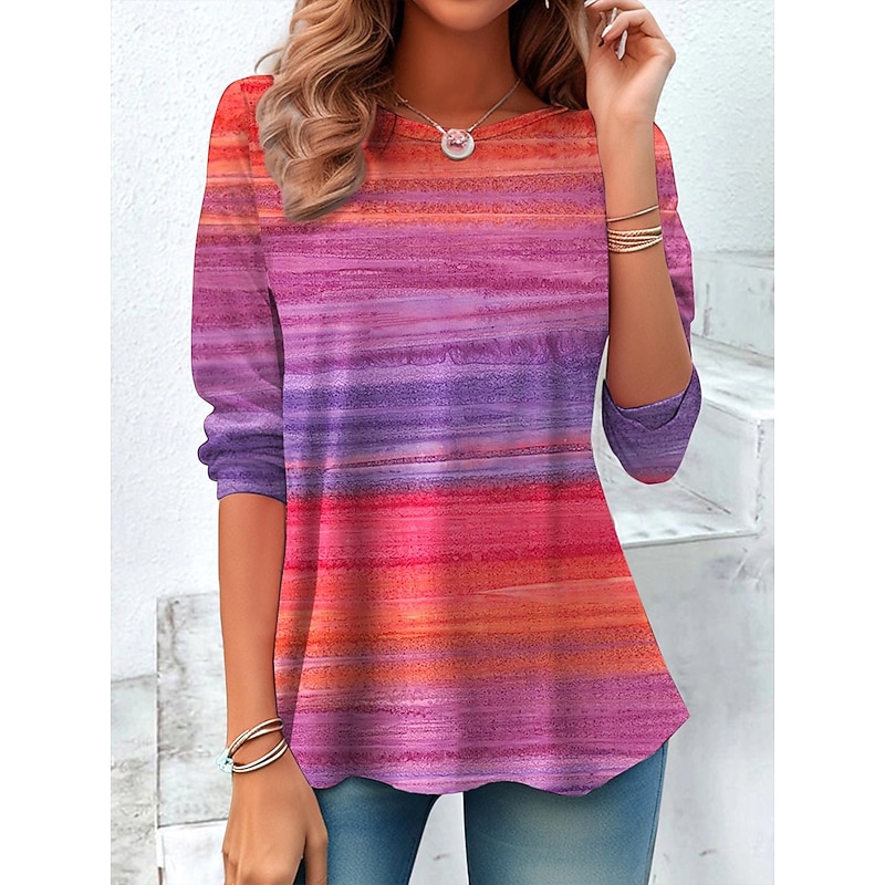 Women's T Shirt Graphic Geometric Vintage Stylish Casual Long Sleeve Crew Neck Regular Tops Daily Print Yellow Red Blue Purple Orange Spring Fall Winter