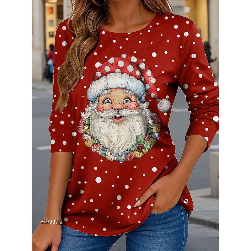 Christmas Women's T Shirt Graphic Santa Claus Vintage Fashion Stylish Long Sleeve Crew Neck Regular Tops Daily Weekend Print Red Blue Purple Green Khaki Fall Winter
