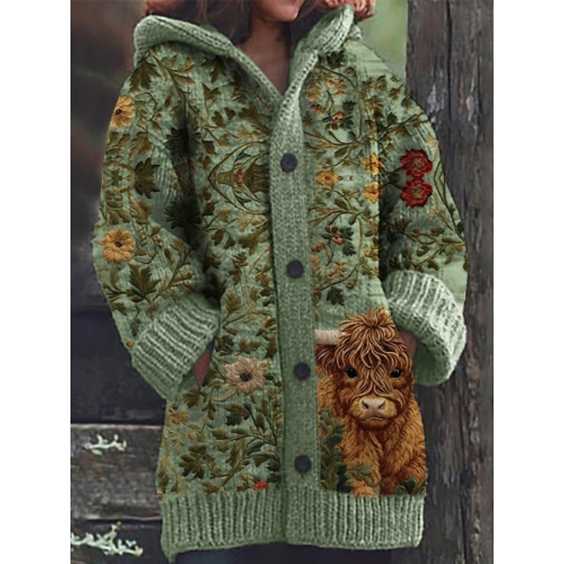 Women's Sweater Cardigan Casual Soft Graphic Geometric Color Block Ribbed Hooded Pocket Buttons Knitted Long Sleeve Long Tops Knit Outdoor Daily Weekend Yellow Green Fall Winter2