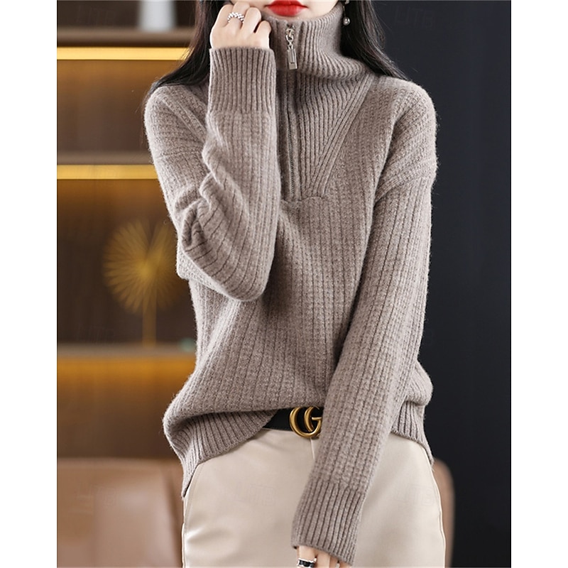 Women's Sweater Pullover Fashion Basic Casual Pure Color Ribbed Half Zip Zipper Knitted Long Sleeve Regular Tops Knit Outdoor Daily Weekend Coffee Fall Winter3