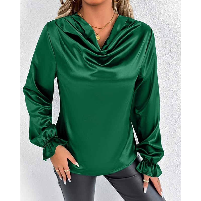 Women's Shirt Elegant Dressy Satin Solid Color Stylish Casual Long Sleeve Cowl Neck Regular Tops Daily Going out Draped Black Pink Green Apricot Spring Fall4