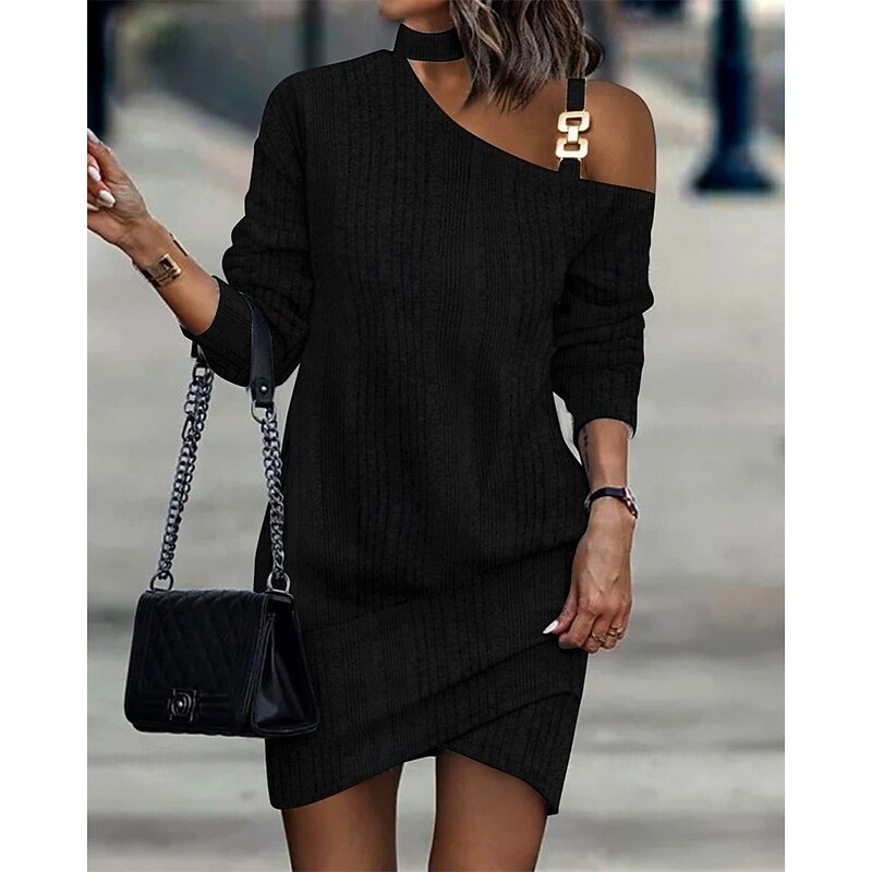 Women's Midi Dress Casual Dress Elegant Fashion Modern Outdoor Party Office Regular Fit Plain Long Sleeve One Shoulder Black Winter Autumn