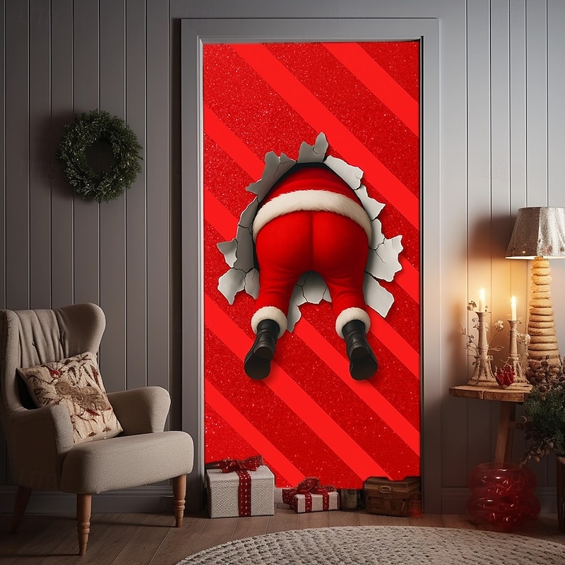 Christmas Door Cover, Red Bells and Ribbon Festive Backdrop Door Curtain for 2025 Xmas Party Indoor Outdoor Holiday Decorations