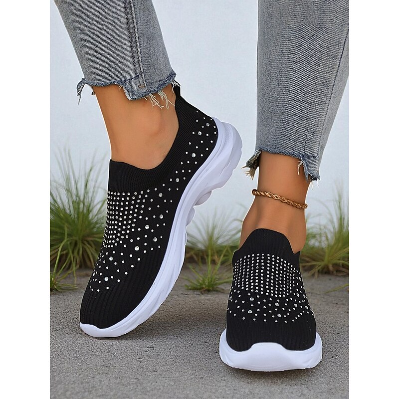 Women's Black Slip On Flyknit Sneakers with Rhinestone Detailing – Lightweight Casual Walking Shoes for Everyday Wear2