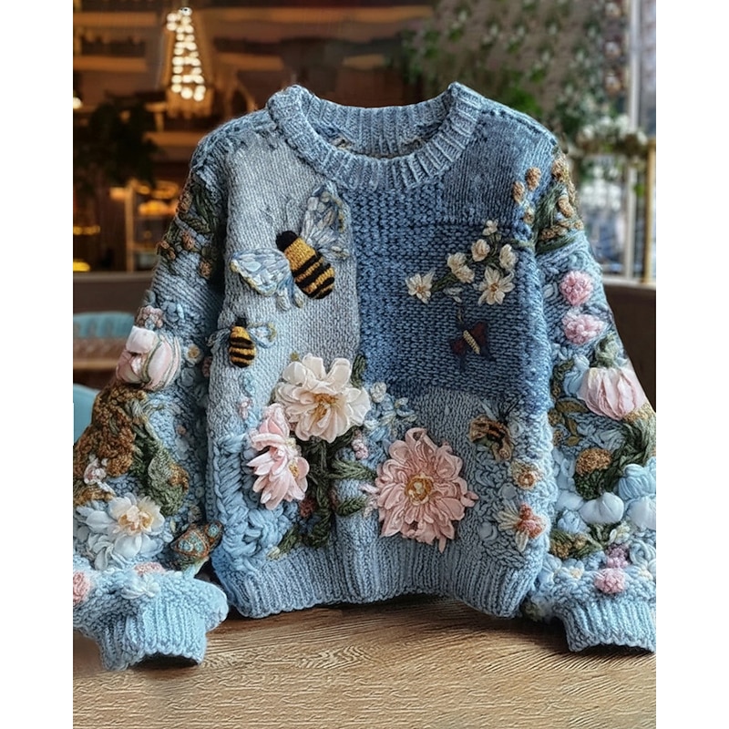 Women's Sweater Vintage Sweater Pullover Daily Casual Floral Ribbed Crew Neck Knitted Print Long Sleeve Regular Tops Knit Outdoor Weekend Blue Fall Winter