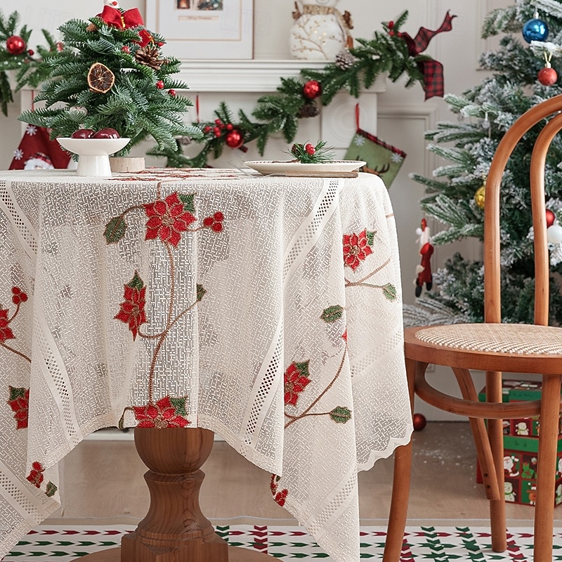 American Style Christmas Tablecloth, Red Embroidered Holiday Table Cover, Home & Commercial Use, Festive Dust-Proof Dining Table Decoration, Seasonal Backdrop Cloth2