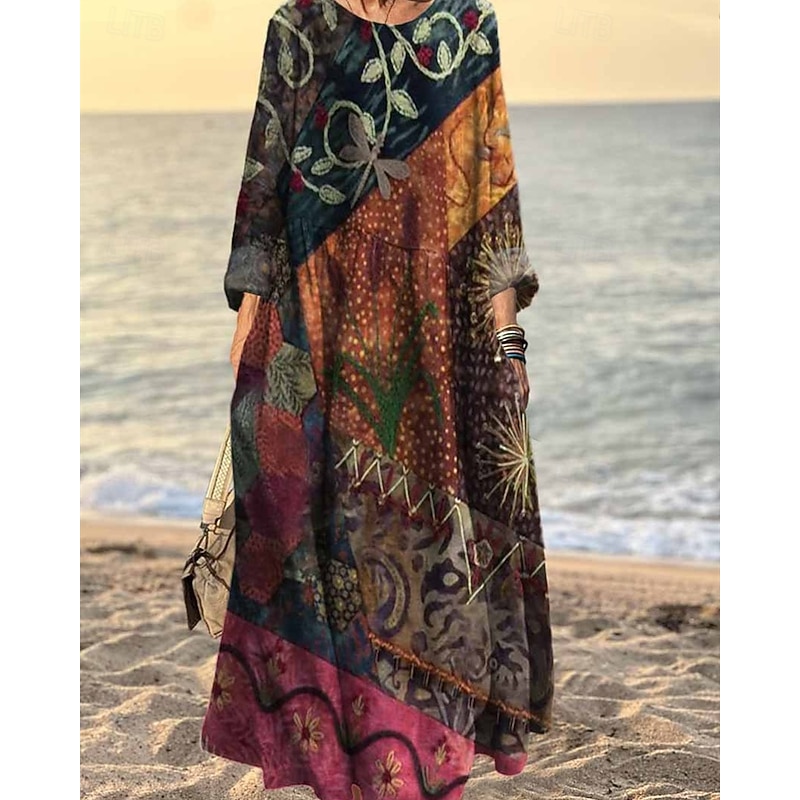 Women's Long Dress Maxi Dress Casual Dress Print Dress Elegant Fashion Modern Outdoor Daily Going out Regular Fit Graphic Long Sleeve Crew Neck Red Blue Orange Brown Spring Autumn