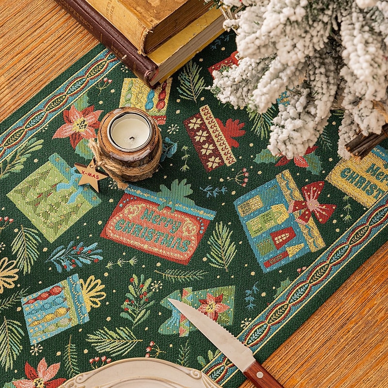Christmas Jacquard Table Runner with Tassels, American Style Holiday Decoration Long Dining Table Cover, Festive Ornaments Tea Table Cloth3