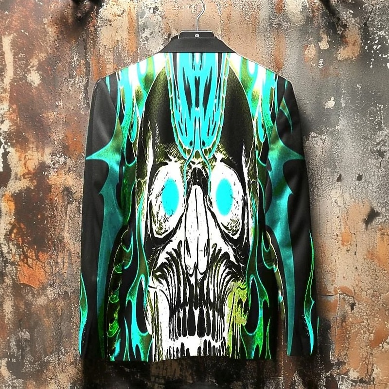 Men's Blazer Coat Halloween Casual Festival Casual Daily Fall / Winter 100% Polyester Skulls 3D Print Buttons Thermal Warm Comfortable Single Breasted Blazer Green2