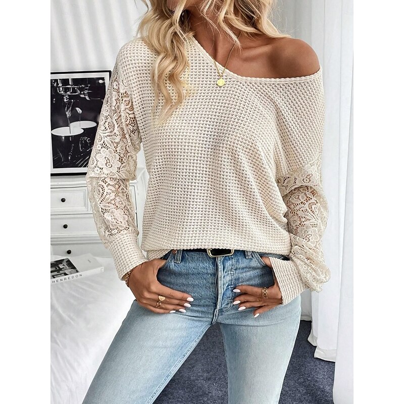 Women's Blouse Solid Color Stylish Casual Long Sleeve V Neck Regular Tops Daily Lace Patchwork Apricot Spring Fall Winter4