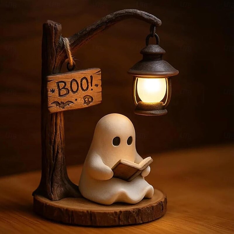 Cute Ghost Reading Lantern - Boo 3D Resin Halloween Ghost Reading Book Lamp with LED Warm Light Ghost Reading Book Lamp Decorative Night Lamp for Party, Bedroom, Study & Living Room Decor2