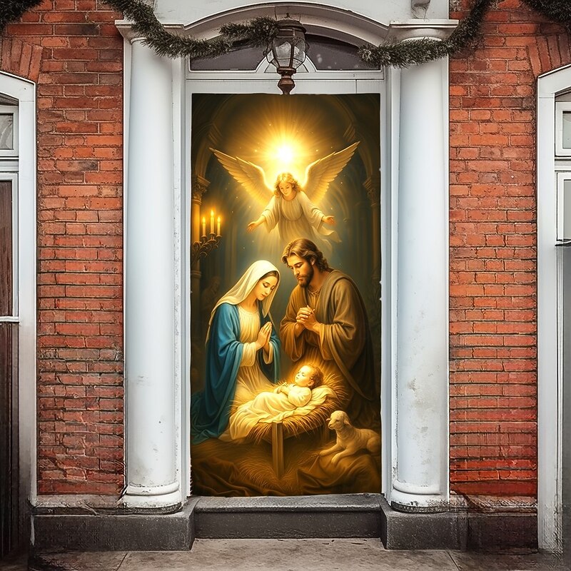 Christmas Door Cover, Angel and Holy Family Nativity Scene Door Curtain, Religious 2025 Xmas Door Hanging for Porch Church Party Home Decoration3