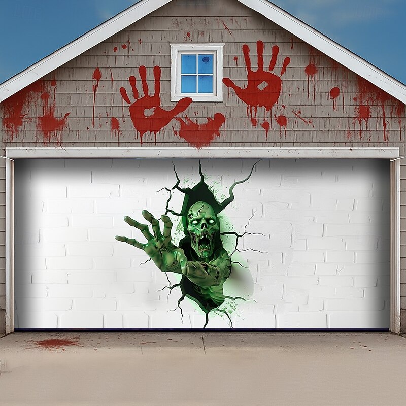 Halloween Garage Door Cover 3D Broken Wall Ghost Face and Bloody Hand Banner Haunted House Horror Scene Spooky Backdrop Tapestry for Outdoor Wall Fence Yard Halloween Party Decoration