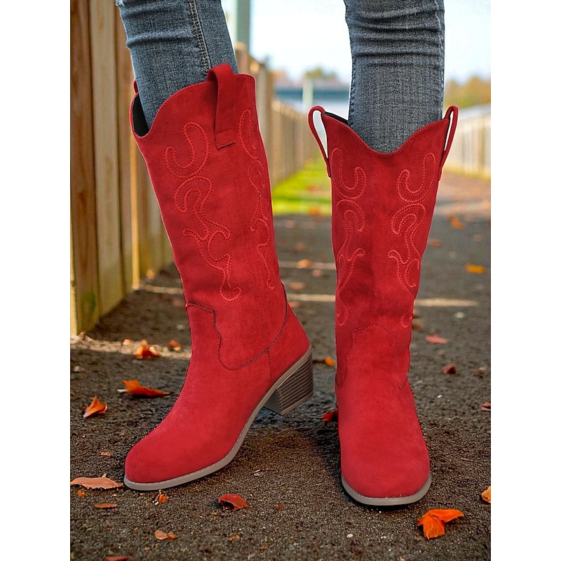 Women's Red Suede Cowboy Knee High Boots with Embroidered Western Design and Low Block Heel – Country Style Boots for Ladies, Ideal for Rodeo, Festivals & Casual Outfits3