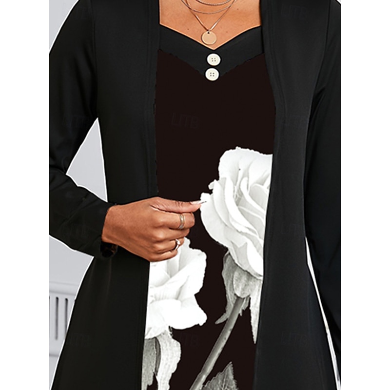 Women's Midi Dress A Line Dress Casual Daily Regular Fit Floral Long Sleeve V Neck Black Summer Spring Fall4