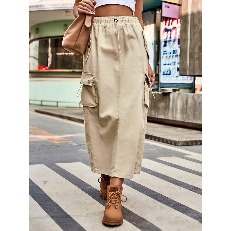 Women's Skirt A Line Fashion Casual Midi High Waist Skirts Plain Drawstring Pocket Micro-elastic Street Daily Black Army Green Khaki Light Grey Spring Cotton Blend Denim4